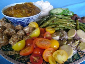 hot mango chutney, garlic white beans, marinated snake beans, marinated tromboncino and eggplant, labne, cherry tomatoes and cucumber